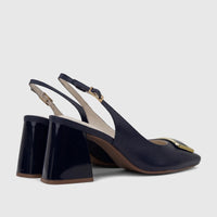 Deep blue leather Capelli Rossi ladies' slingback block heel court shoes with elegant gold buckles, viewed from the side.