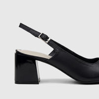 Black Capelli Rossi leather slingback block heel court shoe, featuring a glossy block heel and a silver buckle on the strap,