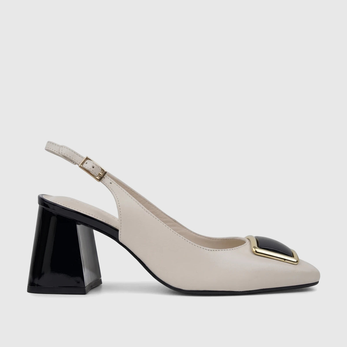 Capelli Rossi bone leather ladies slingback block heel court shoe, side view, with a black block heel and gold buckle