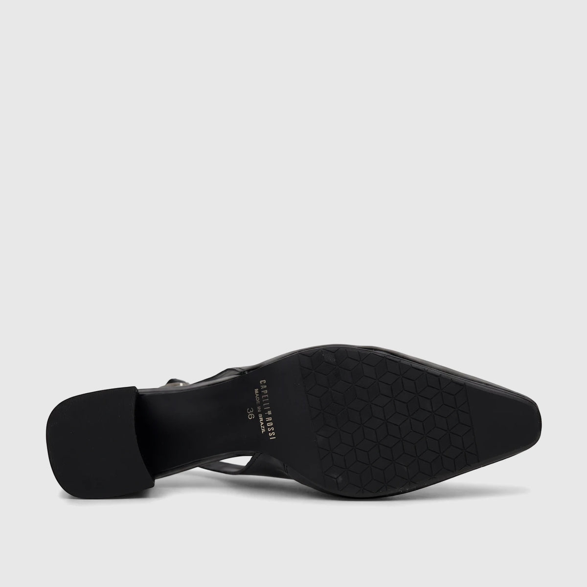 Bottom view of a black Capelli Rossi leather ladies slingback block heel court shoe, showcasing the sole and heel.