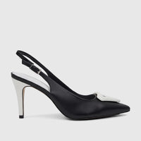 Black Capelli Rossi leather ladies slingback court shoe with a pointed toe, white stiletto heel, and a white embellishment,