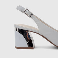 Capelli Rossi powder blue leather slingback court shoe with a chunky block heel featuring silver-toned accents, side view.