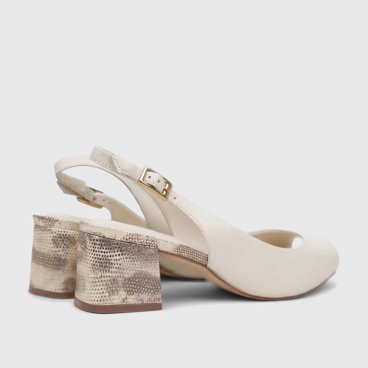 Capelli Rossi Leather Ladies Slingback Block Heel Peep Toe 12051 shoes in bone with snake-effect heels and gold buckles,