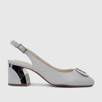 Capelli Rossi powder blue leather slingback block heel court shoe with metallic detailing on heel and toe, side view.