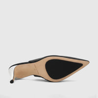 Black Capelli Rossi leather slingback court shoe with a white heel, viewed from the underside, highlighting the sole and
