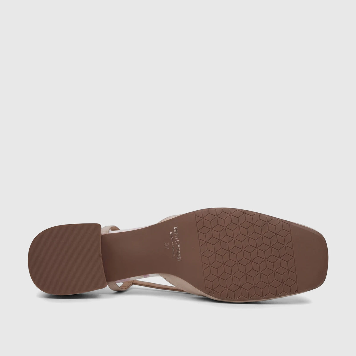 Underside view of a nude pink Capelli Rossi leather slingback low block heel court shoe, displaying the sole pattern and