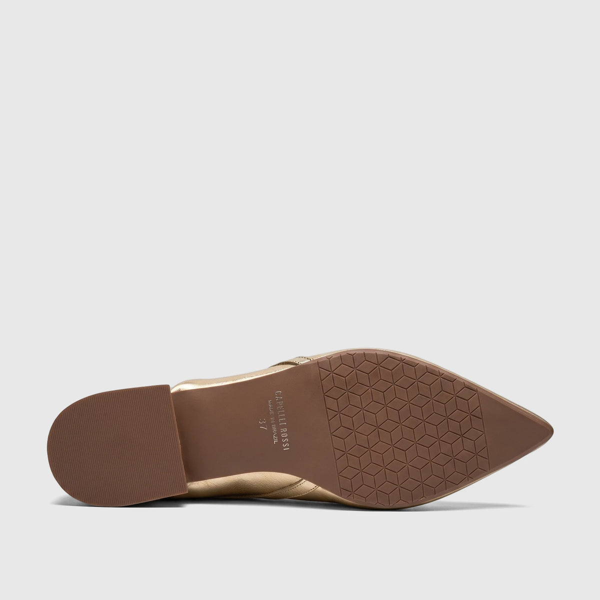 Bottom view of a Capelli Rossi Light Gold Leather Ladies Pump shoe with a patterned brown sole and low block heel.