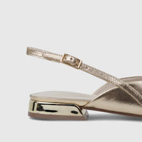 Capelli Rossi light gold leather ladies pump with a slingback strap and block heel, shown in a side view.