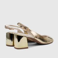 Capelli Rossi light gold leather ladies slingback block heel court shoes, viewed from the side with a pointed toe and