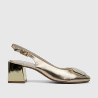 Light gold Capelli Rossi leather ladies slingback block heel court shoe with a metallic finish and decorative toe, side view.