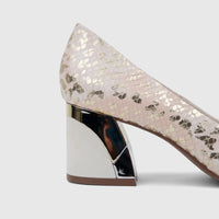 Capelli Rossi nude leather ladies block heel court shoe with a shimmering gold snake print and metallic heel detail.
