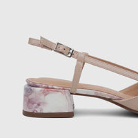 Capelli Rossi nude pink leather slingback low block heel court shoe with a marble-patterned heel and buckle, side view.