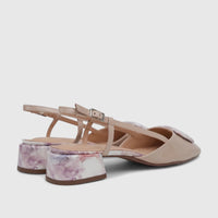 Capelli Rossi Nude Pink Leather Ladies Slingback Low Block Heel Court shoes with a unique patterned heel, side view.
