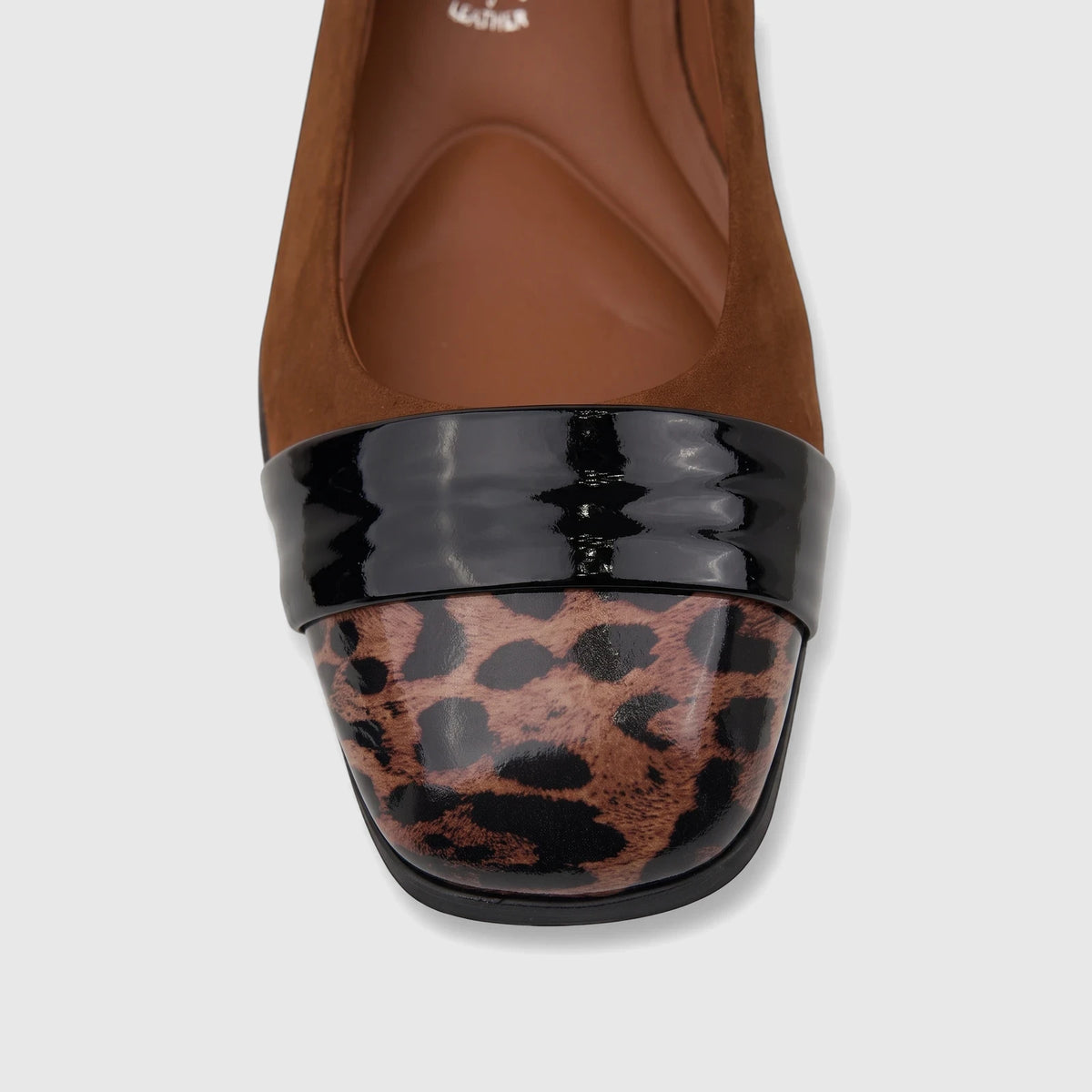 Capelli Rossi Tan Leather Block Heel Court shoe with a brown suede upper, black patent band, and leopard print toe cap.