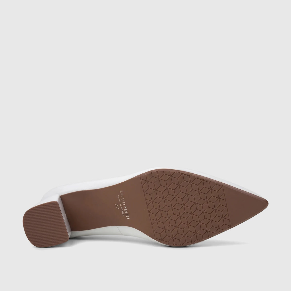 Capelli Rossi white leather ladies block heel court shoe, featuring a patterned brown sole and block heel, view from