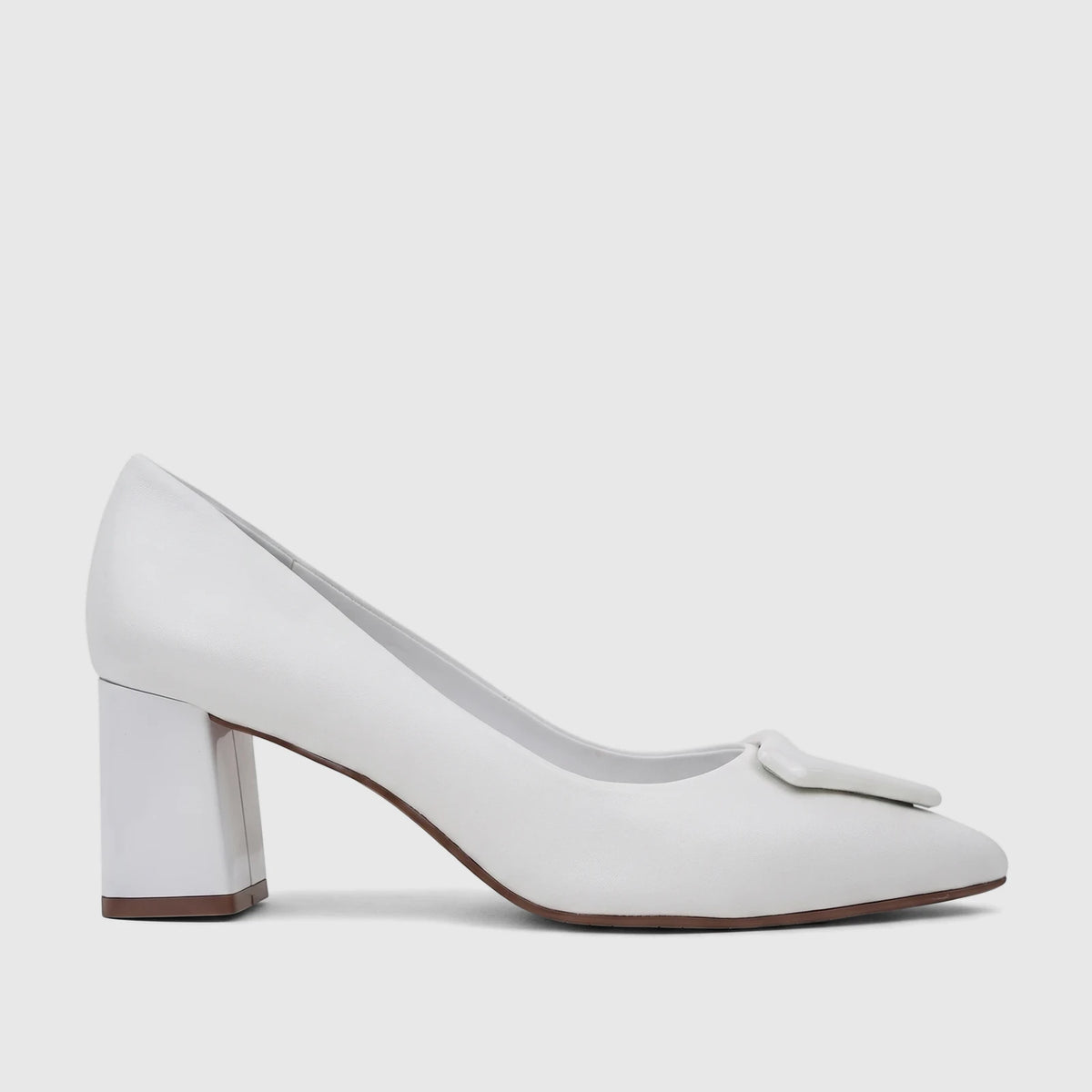 White leather Capelli Rossi ladies' block heel court shoe with a pointed toe and decorative buckle.