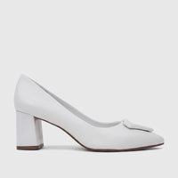 White leather Capelli Rossi ladies' block heel court shoe with a pointed toe and decorative buckle.