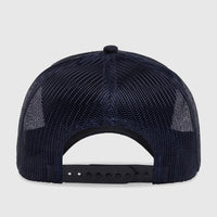 Dark blue inkwell mesh trucker hat with a plastic snapback closure, captured from a clear back view.
