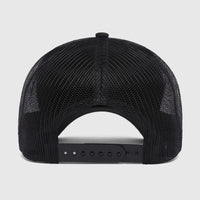 Rear view of a black mesh snapback baseball cap, showcasing the adjustable closure and breathable mesh panels.