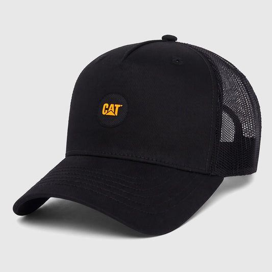 Black Cat 5 Panel Logo Promo Cap with a mesh back, featuring a yellow CAT logo on the front, shown from a slightly elevated