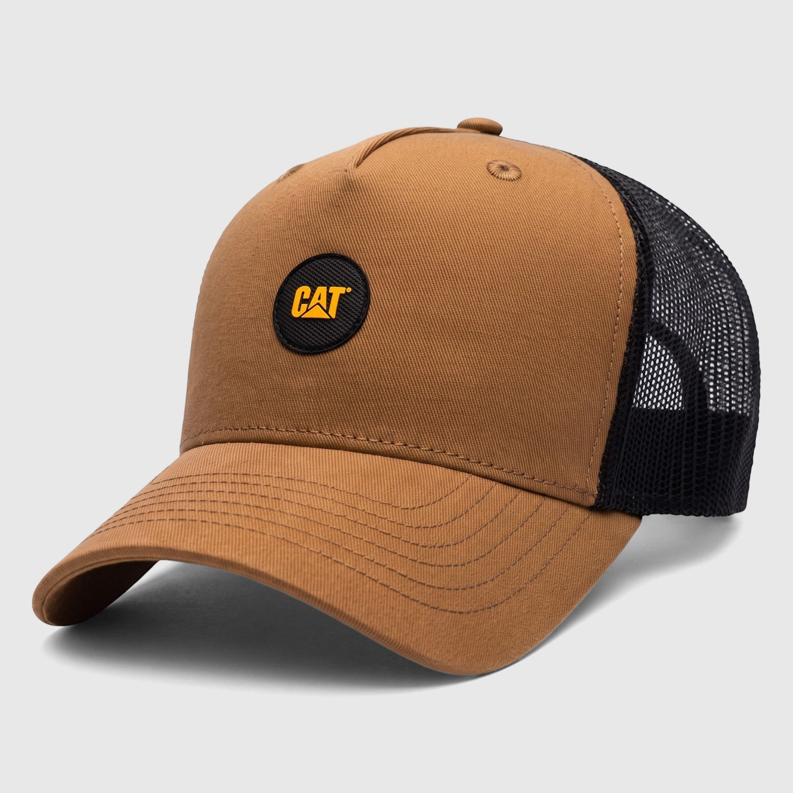 Cat 5 Panel Logo Promo Cap in tawny brown with black mesh back and curved brim, angled view.