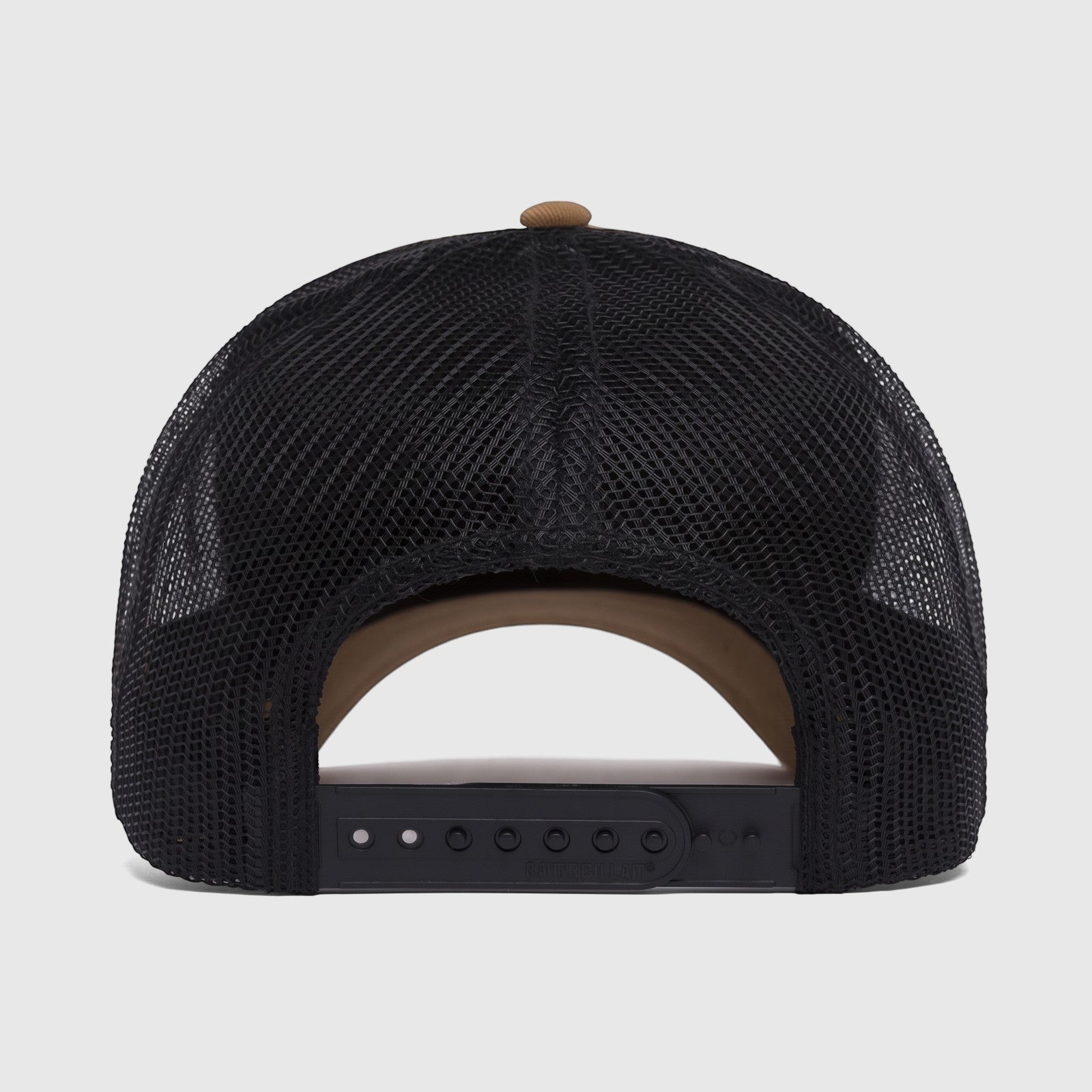 Back view of a Cat 5 Panel Logo Promo Cap. The cap features a tawny brown top panel and button with a black mesh back and a