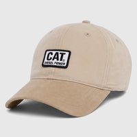 Beige Cat 6 panel unstructured baseball cap with a black and white 'CAT DIESEL POWER' patch on the front, angled view.