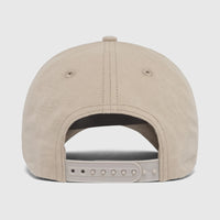 Back view of a Cat 6 Panel Unstructured Cat Patch Hat in hummus beige, featuring an adjustable snapback closure.