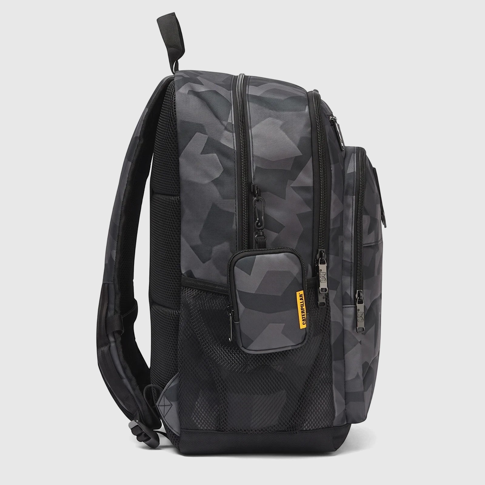 Cat Bernard backpack in fractal camo olive, featuring a side view, multiple zippered compartments, and a mini pouch. Ideal