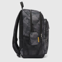 Cat Bernard backpack in fractal camo olive, featuring a side view, multiple zippered compartments, and a mini pouch. Ideal
