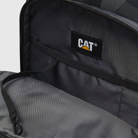 Cat Bernard backpack interior in dark grey, showcasing the main compartment, internal pockets, and a black strap with clip,