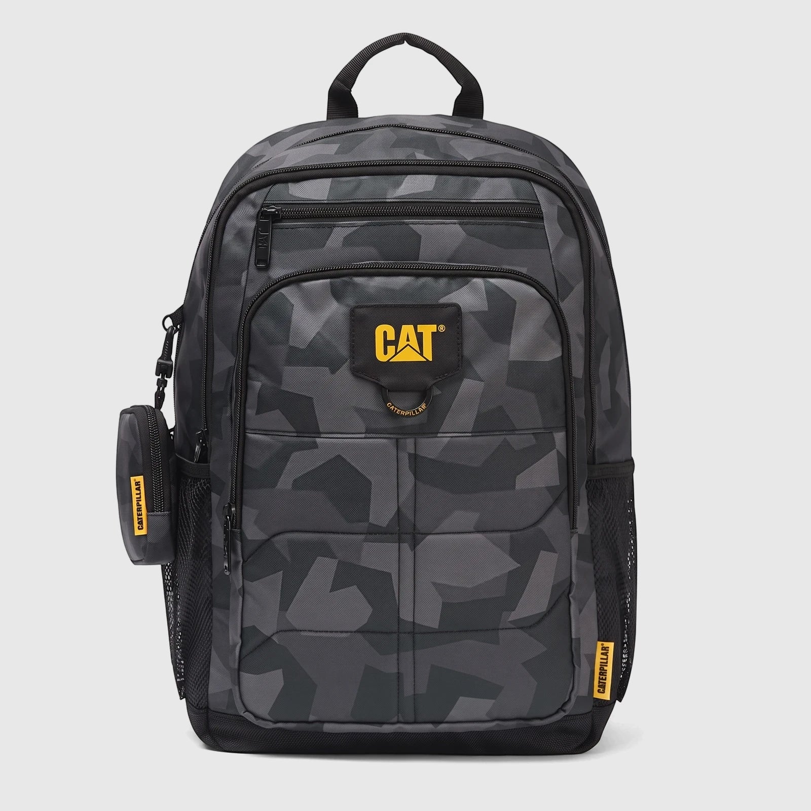 Cat Bernard Backpack with Mini Pouch, featuring a grey fractal camo pattern and yellow logos, shown on a white background.