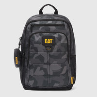 Cat Bernard Backpack with Mini Pouch, featuring a grey fractal camo pattern and yellow logos, shown on a white background.