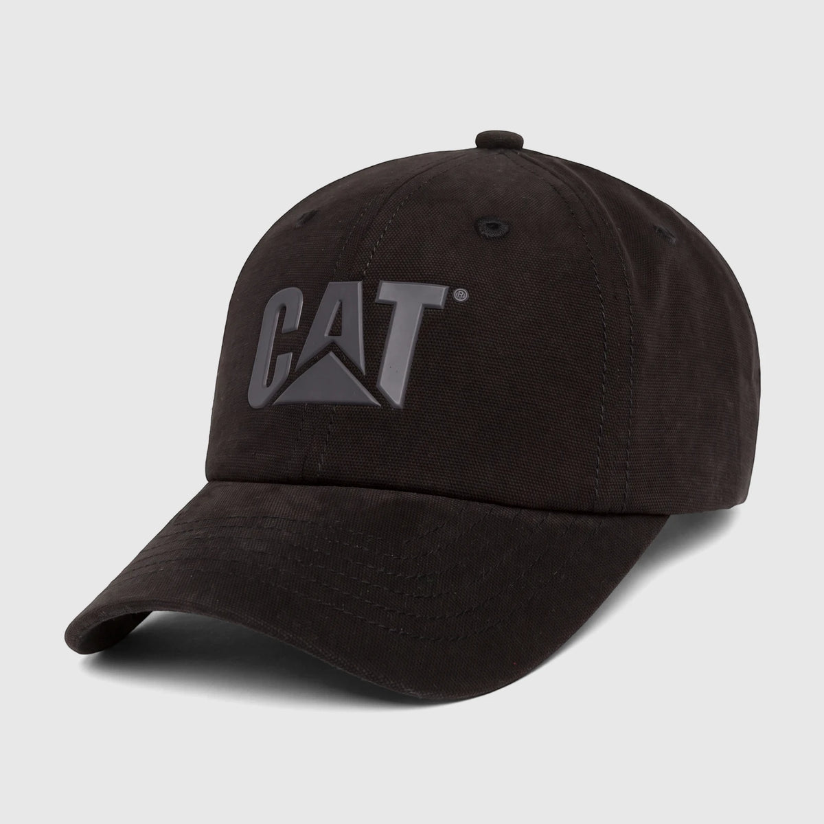 Black Cat Design Mark Aop baseball cap with a raised gray CAT logo on the front, viewed at a slight angle.