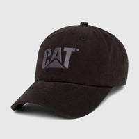 Black Cat Design Mark Aop baseball cap with a raised gray CAT logo on the front, viewed at a slight angle.