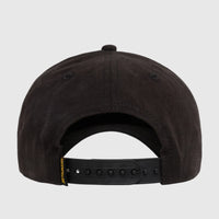 Black Cat Design Mark Aop Cap with a snapback closure, shown from the back, featuring a yellow Caterpillar brand tag.