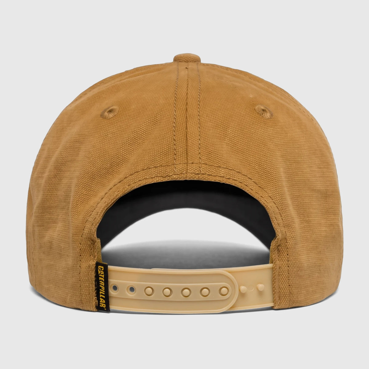 Bronze Cat Design Mark Aop Cap, back view, featuring an adjustable snapback closure and a 'Caterpillar' brand label.