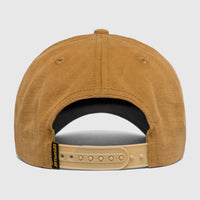 Bronze Cat Design Mark Aop Cap, back view, featuring an adjustable snapback closure and a 'Caterpillar' brand label.
