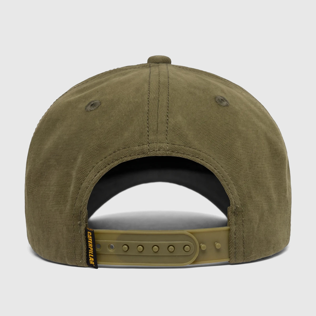 Green Cat Design Mark Aop cap, back view, featuring an adjustable snapback closure and the Caterpillar logo tag.