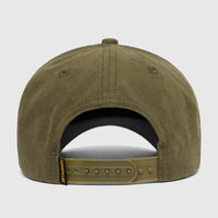 Green Cat Design Mark Aop cap, back view, featuring an adjustable snapback closure and the Caterpillar logo tag.