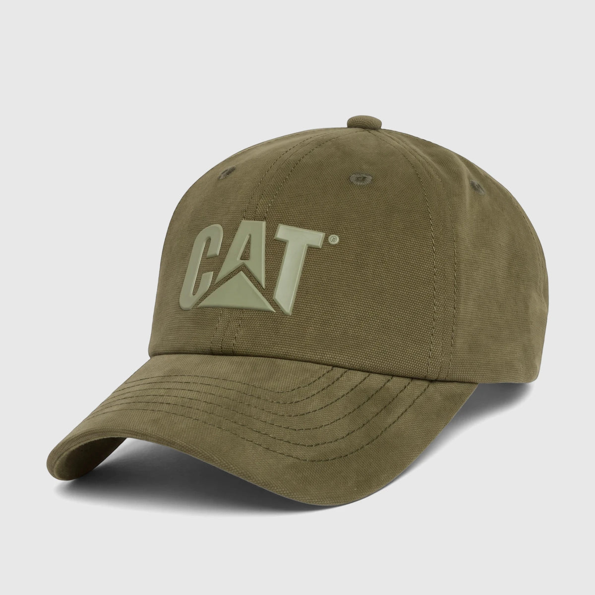 An olive green Cat Design Mark Aop Cap with a prominent raised CAT logo on the front, shown angled on a white background.