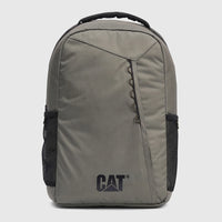Taupe green Cat Explorer backpack featuring a front zipper, two side mesh pockets, and a top handle, presented on a white