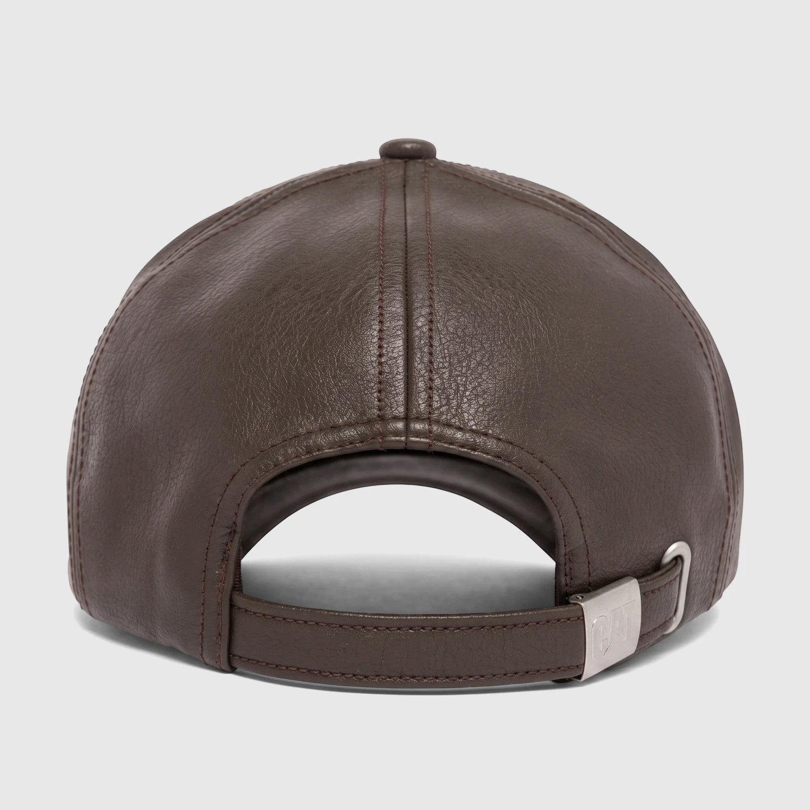 Brown faux leather Cat Heritage hat, showcasing the rear view with an adjustable strap and metal buckle.