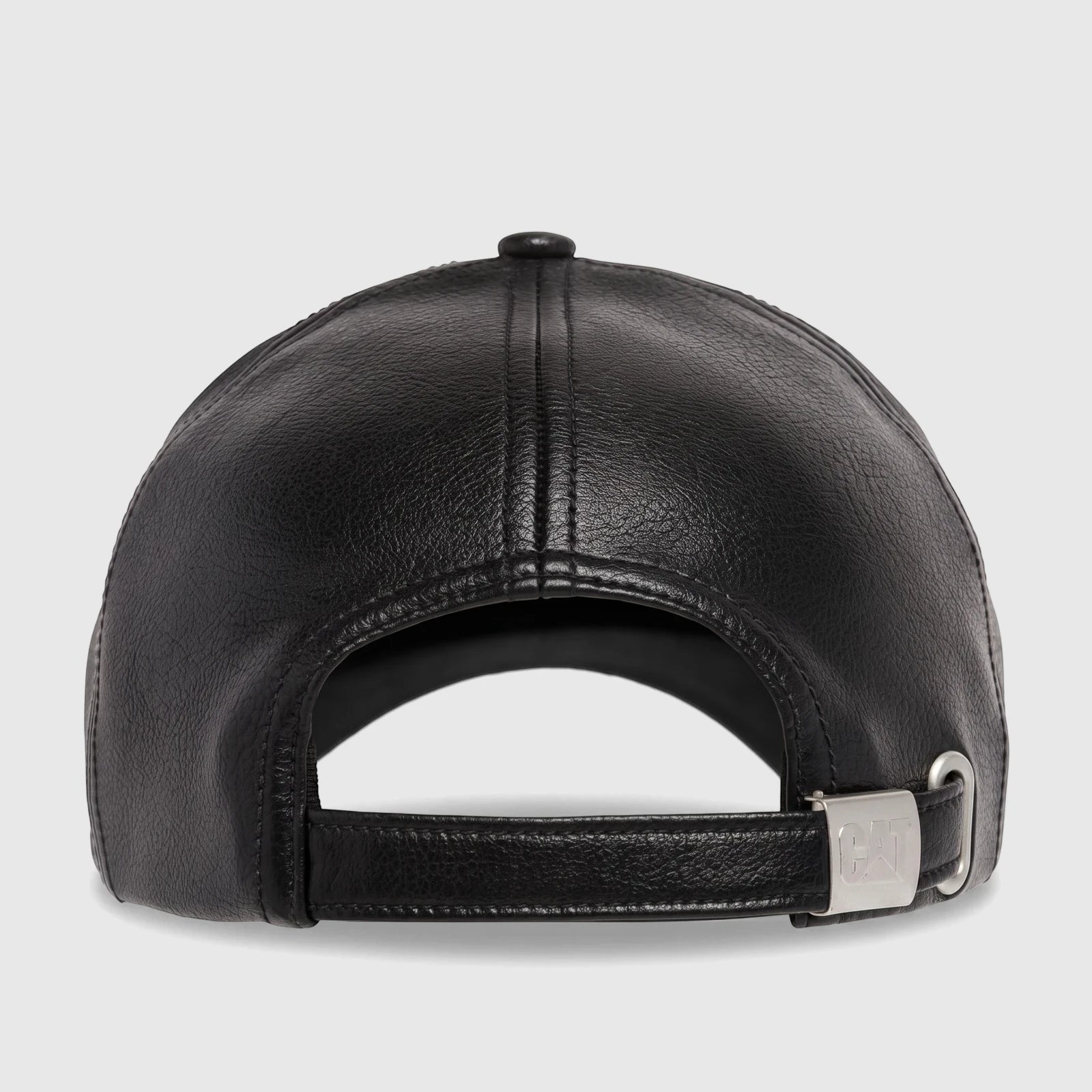 Black faux leather Cat Heritage baseball cap, rear view with adjustable strap and silver logo buckle.