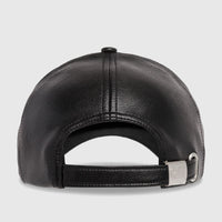 Black faux leather Cat Heritage baseball cap, rear view with adjustable strap and silver logo buckle.