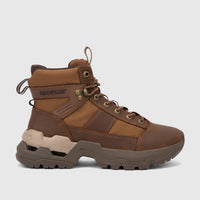 Brown Cat Men's Surge Combat P727000 Mushroom CT428 hiking boot, made of leather and fabric, shown in a side view.