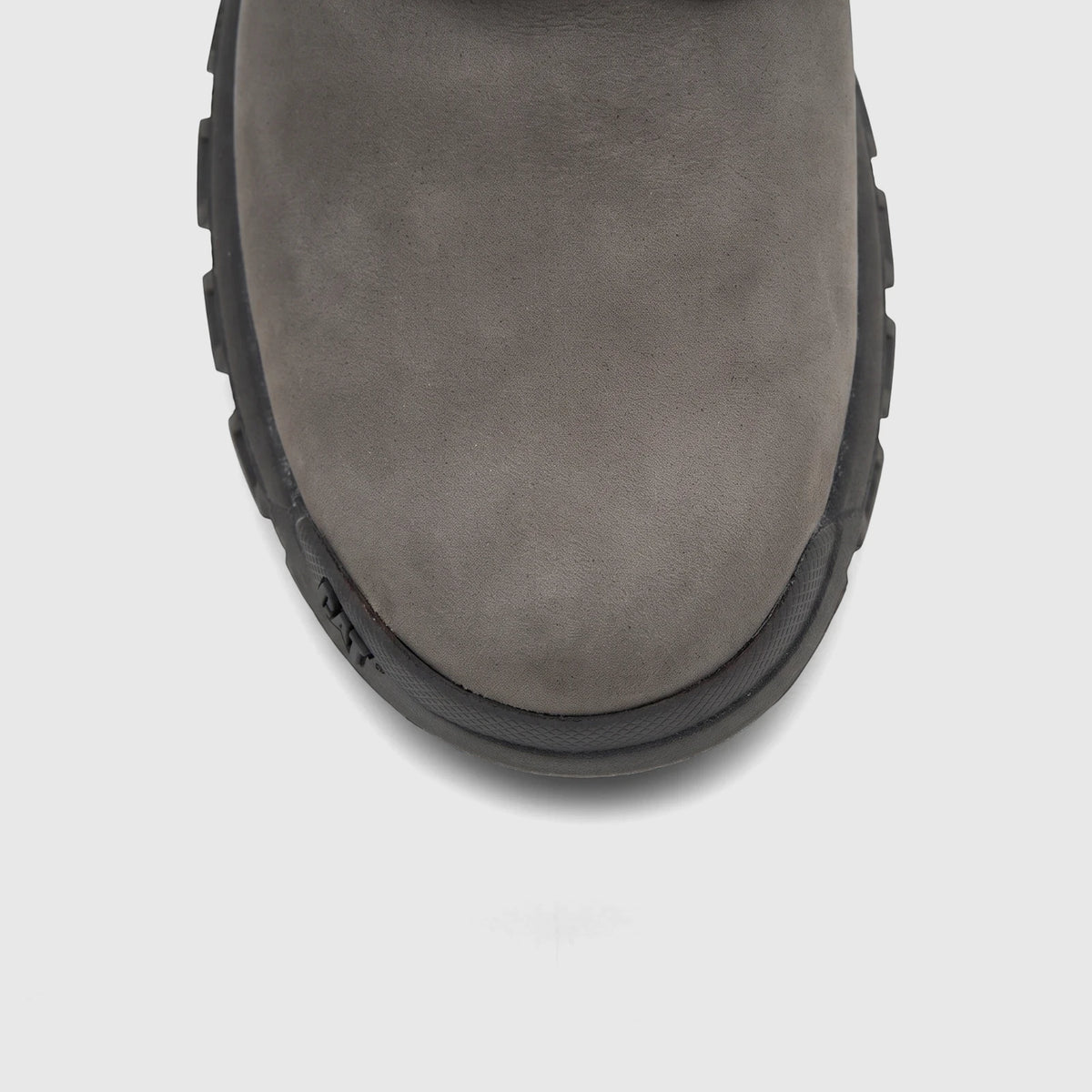 Men's grey Cat Threshold Chukka boot, top-down view showing the durable black sole and suede-like upper texture.