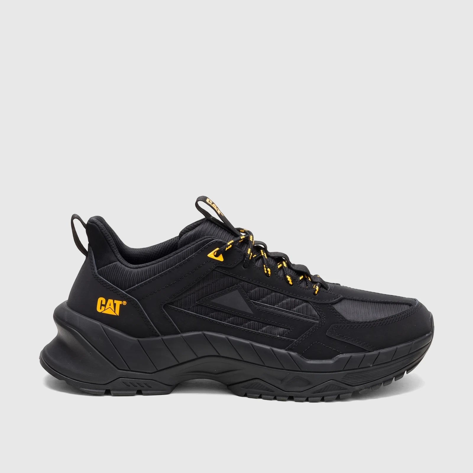 Cat Men's Amperage P726912 black athletic sneaker, featuring yellow laces and logo, visible from a side angle with a chunky