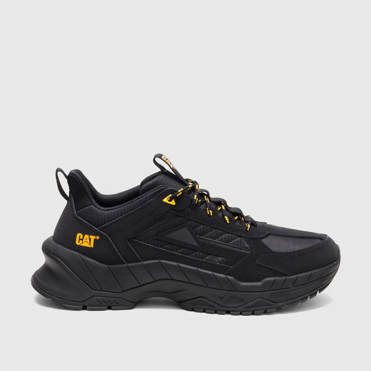 Cat Men's Amperage P726912 black athletic sneaker with rugged outsole and yellow laces accents