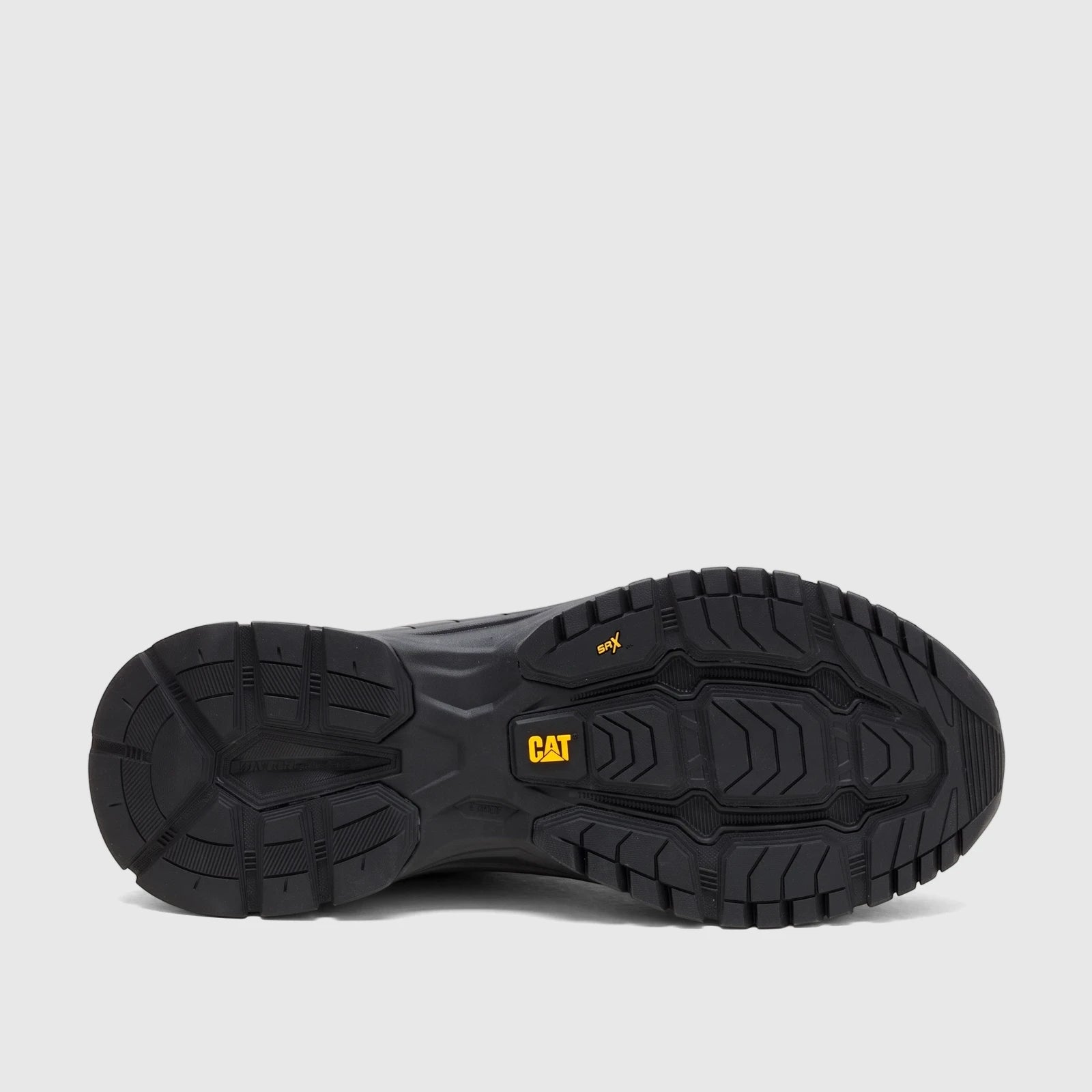 Black Cat Men's Amperage P726912 shoe sole with yellow logo and aggressive tread pattern on a white background.